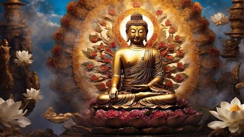 buddha statue sitting  lotus pose  lotus flower stock illustration
