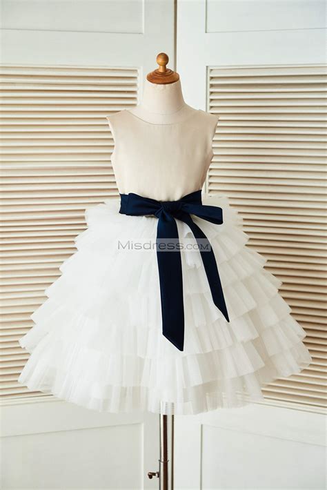 V Back Champagne Satin Ivory Tulle Wedding Flower Girl Dress Belt