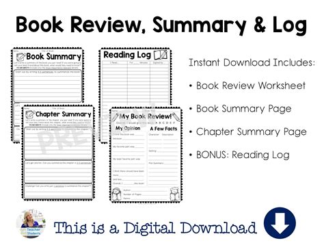 Book Review Template Book Summary Printable Chapter Summary Printable And Bonus Reading Log