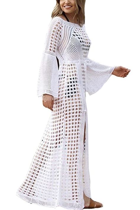 Fsmo Damen Langarm Strandkleid Gestrickte Schlitz Bikini Cover Up