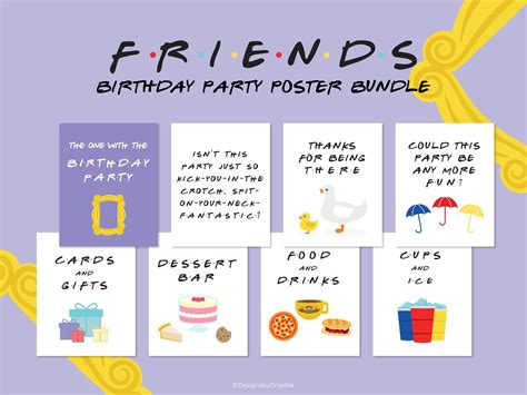 Friends Theme Birthday Party Poster Decorations Printables 8 Cards