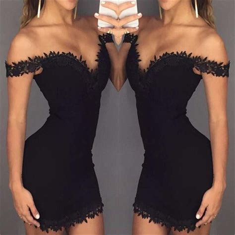 Women Sexy Off The Shoulder Lace Dresses Short Sleeve Black Bodycon