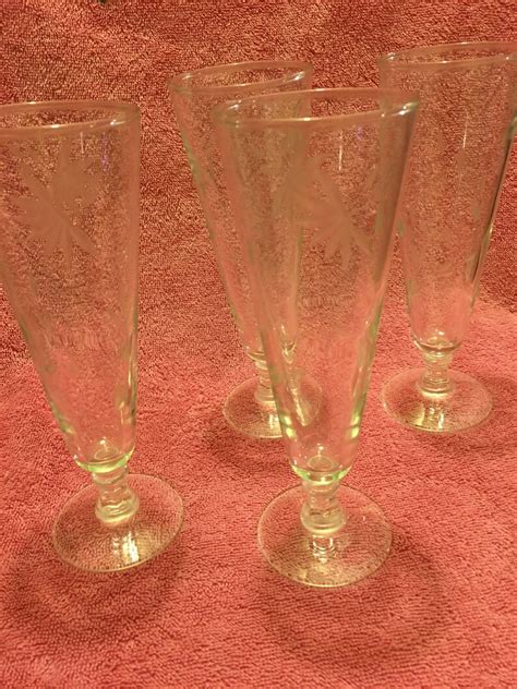 Set Of Four Vintage Tall Pilsner Etched Flower Beer Glasses Etsy