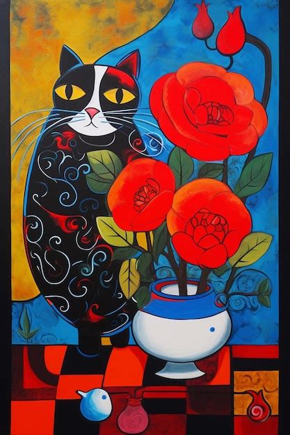 Premium Ai Image A Painting Of A Cat And A Vase Of Red Roses