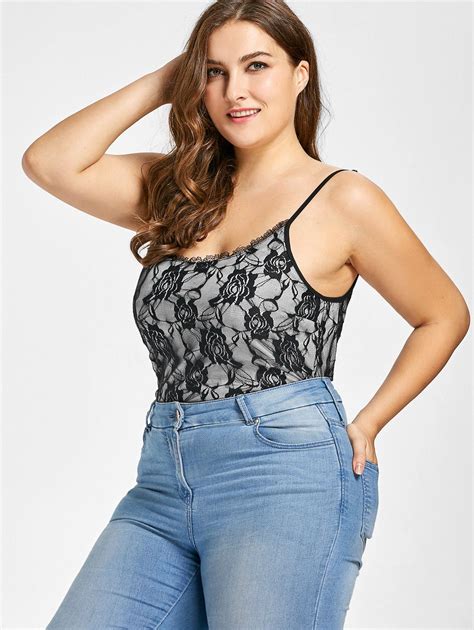 2018 Plus Size Rose Lace Cami Bodysuit Black Xl In Plus Size T Shirts Online Store Best Black