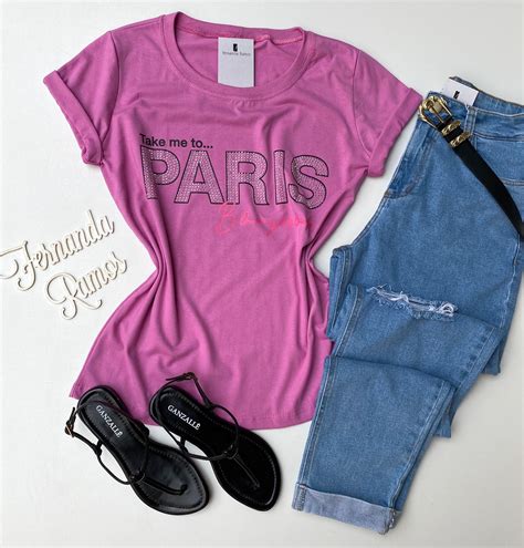 T Shirt Feminina Manga Curta Take Me To Paris Lilás Fernanda Ramos Store