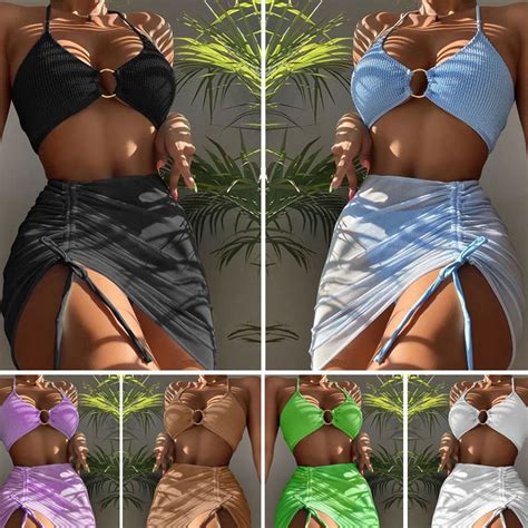 Sunsanly 3Pcs Set Women Bikini Set Solid Color Halter Metal Ring Backless Padded Wire Free