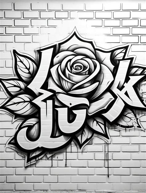 Graffiti Coloring Page LUX With Blooming Rose On White And Black Brick