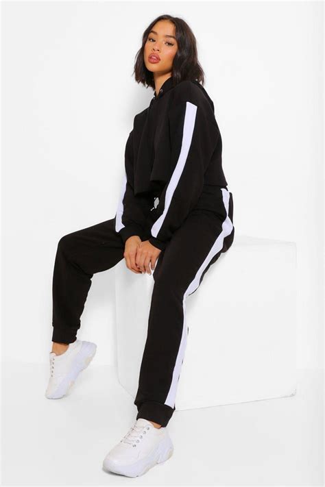 Her Contrast Panelled Crop Hooded Tracksuit Boohoo Sporty Outfits