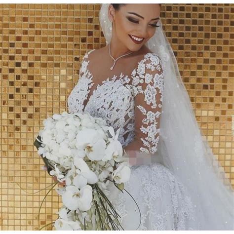 Robe de Mariée Sirène en Dentelle avec Effet d illusion et Appliques De