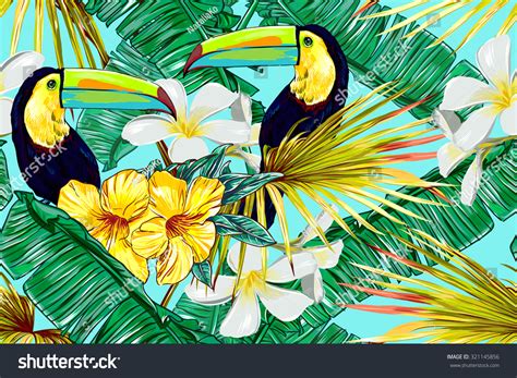 Toucan Exotic Birds Tropical Flowers Palm Stock Vector