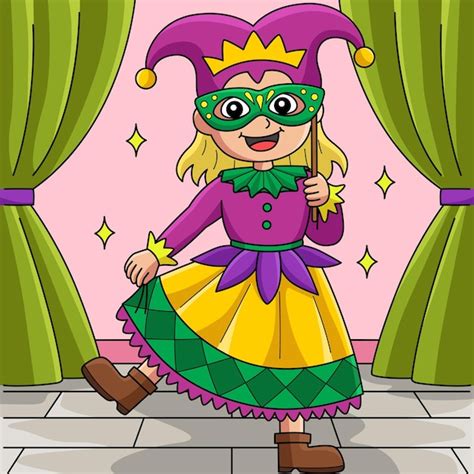 Premium Vector Mardi Gras Jester Girl Colored Cartoon