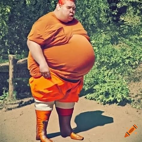 Fat Obese Big Belly Man Worker Red Bearded Orange Waders Red Hair Golden Boots In Sun Historic