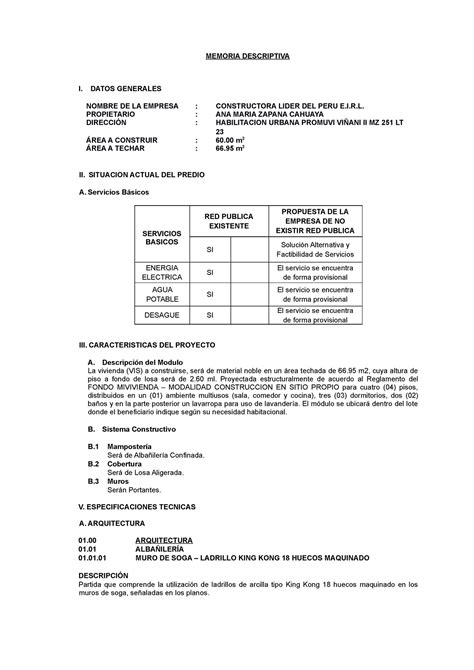 Memoria Descriptiva M Memoria Descriptiva I Datos