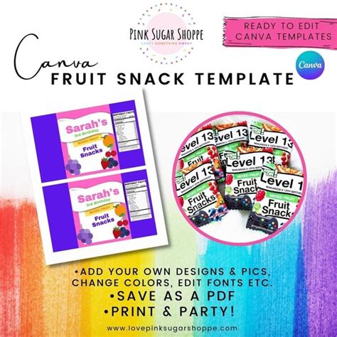 Canva Party Favor Templates Fruit Snacks Templates Pink Etsy