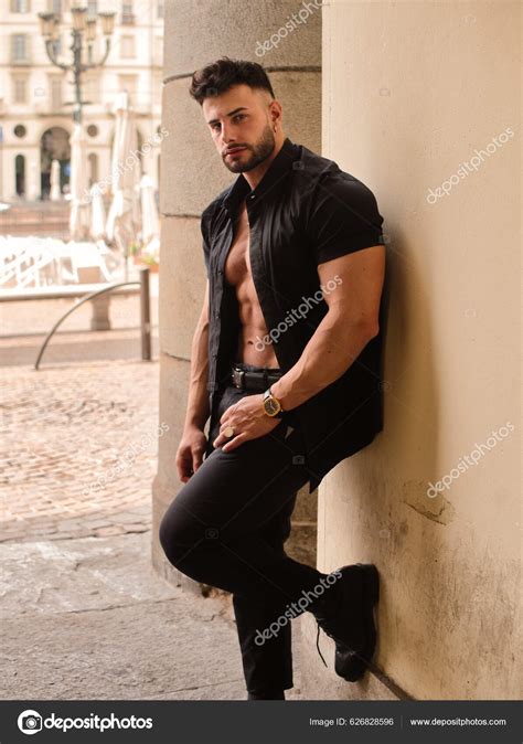 Attractive Athletic Man Shirt Open Naked Muscular Torso Leaning Pillar