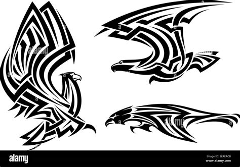 Tribal Eagle Hawk And Falcon Set For Tattoo Or Heraldry Design Stock