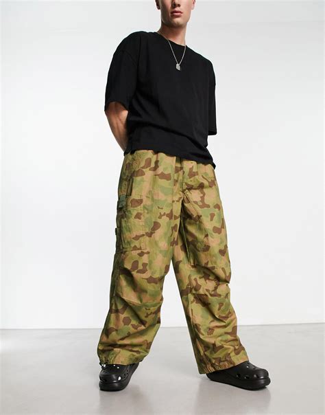 Jaded London Oversized Camo Parachute Cargo Trousers In Green For Men