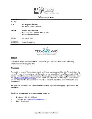 Fillable Online Dshs Texas Texas WIC Memo 16 012 Vendor Complaints