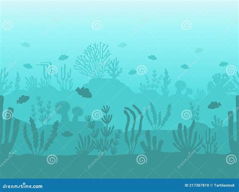 Seamless Ocean Bottom Underwater Coral Reef Silhouette With Sea Plants