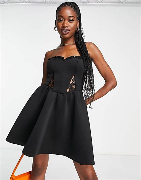 Miss Selfridge Scuba Lace Trim Bandeau Mini Dress In Black Asos