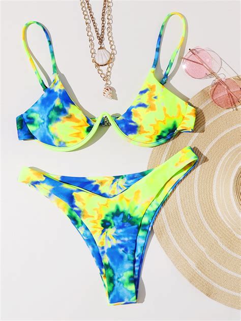 Bañador bikini cortado alto con aro de tie dye Moda de Mujer SHEIN