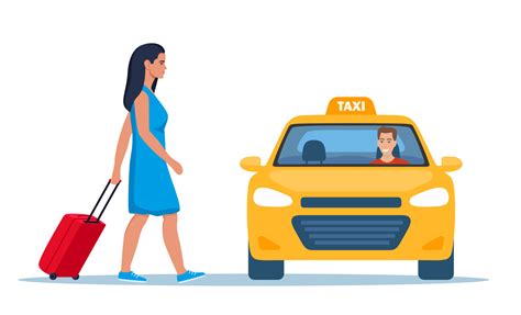 Woman With A Suitcase Take Taxi Yellow Taxi Car Front View Taxi With