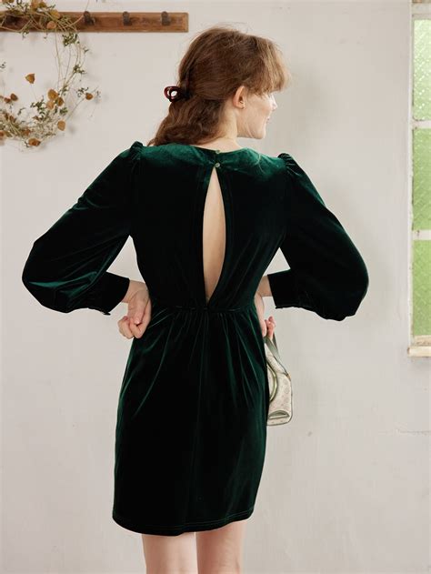 Simple Retro Robe Unicolore Manches Bouffantes En Velours Mode En