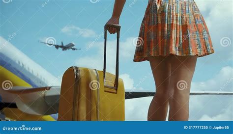 Womans Legs And Travel Suitcase At Modern Airport Female Girl With Slim Sexual Legs Holding