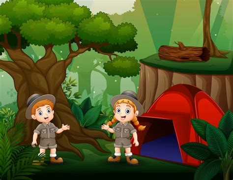 Camping En Plein Air Avec Deux Enfants Scouts Vecteur Premium