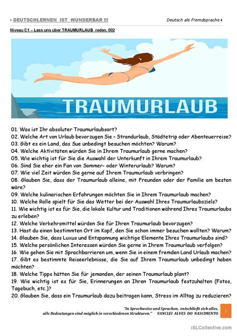 C1 Lass uns über TRAUMURLAUB reden Deutsch DAF Arbeitsblätter pdf doc