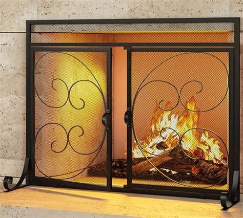 Calidola Flat Fireplace Screen With Doors Solid Wrought Iron Frame With Metal Mesh