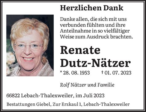 Traueranzeigen Von Renate Dutz N Tzer Saarbruecker Zeitung Trauer De