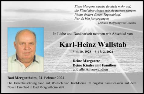 Traueranzeigen Von Karl Heinz Wallstab Trauerportal Ihrer Tageszeitung