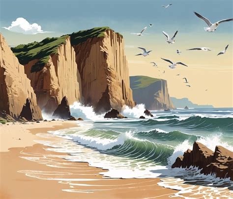 Premium Photo | A painting of a beach with seaguls flying over the rocks