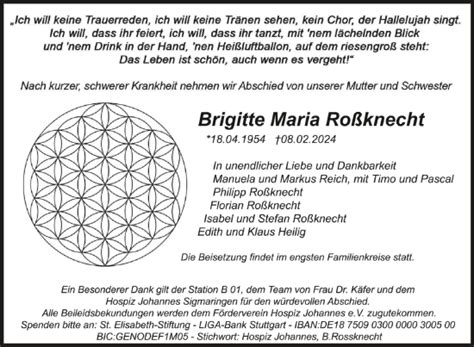 Traueranzeigen Von Brigitte Maria Ro Knecht Schwaebische De Trauerportal