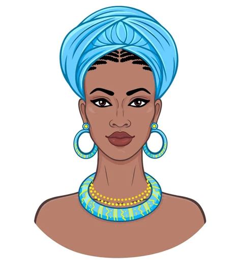 Animation Portrait Beautiful Black Woman Turban Gold Jewelry Ethnic