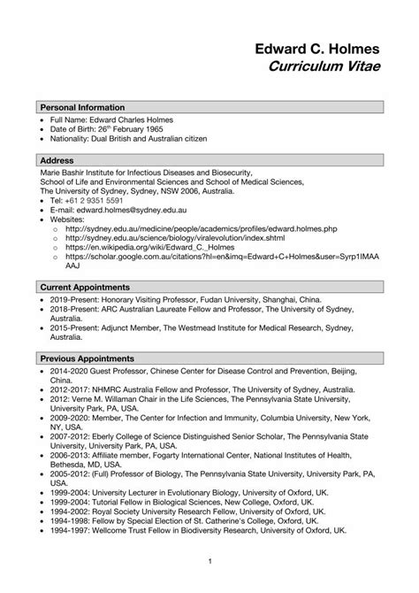 Pdf Edward C Holmes Curriculum Vitae University Of Sydney