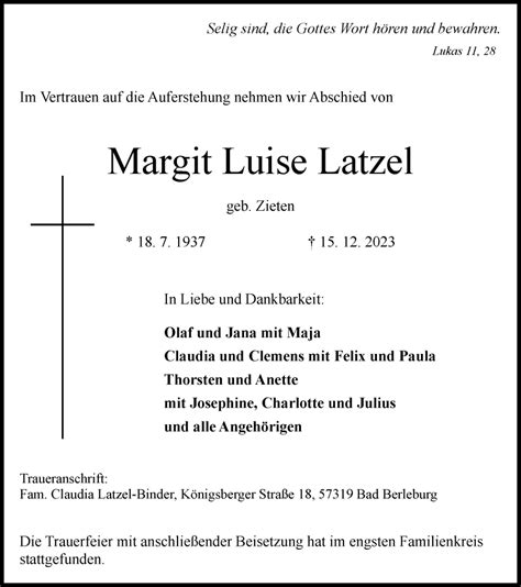 Traueranzeigen Von Margit Luise Latzel Trauer In NRW De