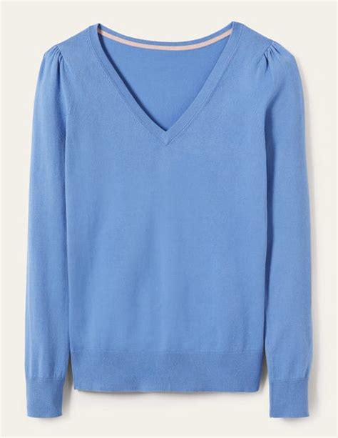 Cotton V Neck Sweater Riviera Blue Boden Us