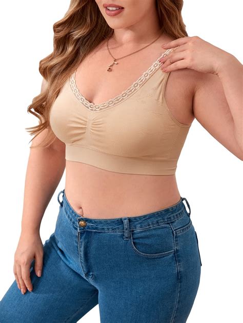 Wdirara Women S Plus Size Lace Trim Ruched Underwire Bralette Wireless