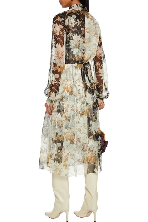 OSCAR DE LA RENTA Pussy Bow Pleated Floral Print Silk Chiffon Midi