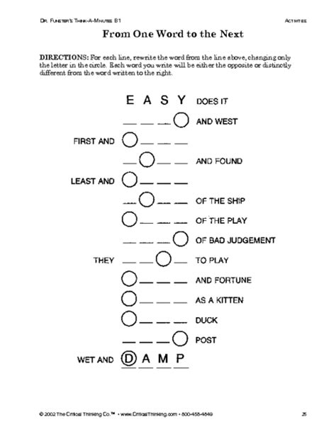 Critical Thinking Worksheet Grades 3 5 One Letter Word Game