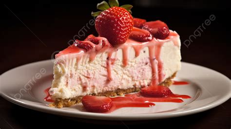 Slice Of Strawberry Cheesecake Sits On Top Of A Plate Background