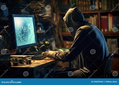 Hooded Hacker Stealing Information From A Computer In A Dark Room A