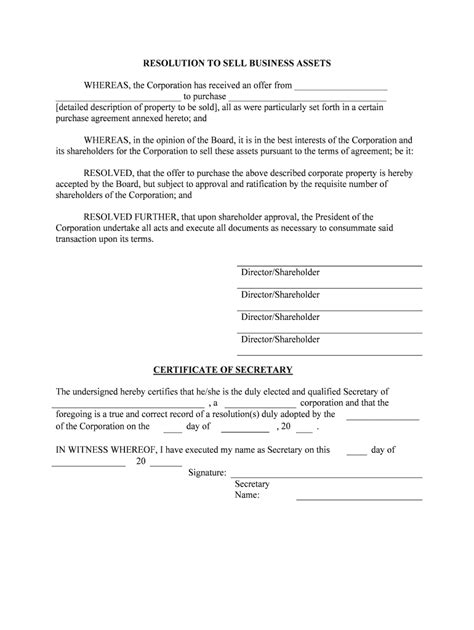 Board Resolution Approving Purchase Of Shares Template Form Fill Out