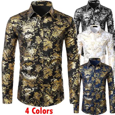 Gold Folding Fan Print Shirt Men Shiny Bronzing Nightclub Chemise Homme