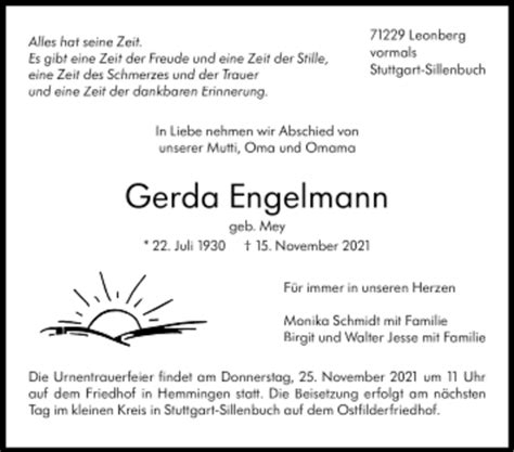 Traueranzeigen Von Gerda Engelmann Trauer De