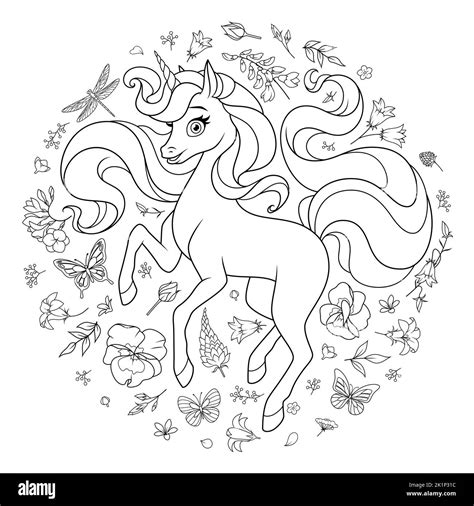 Cute Unicorn Surrounded With Flowers And Butterflies Cartoon Vector