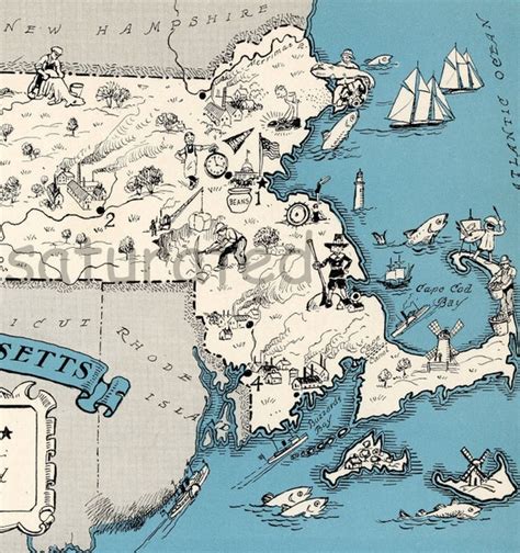 Massachusetts Map Vintage Map Art High Res DIGITAL IMAGE - Etsy